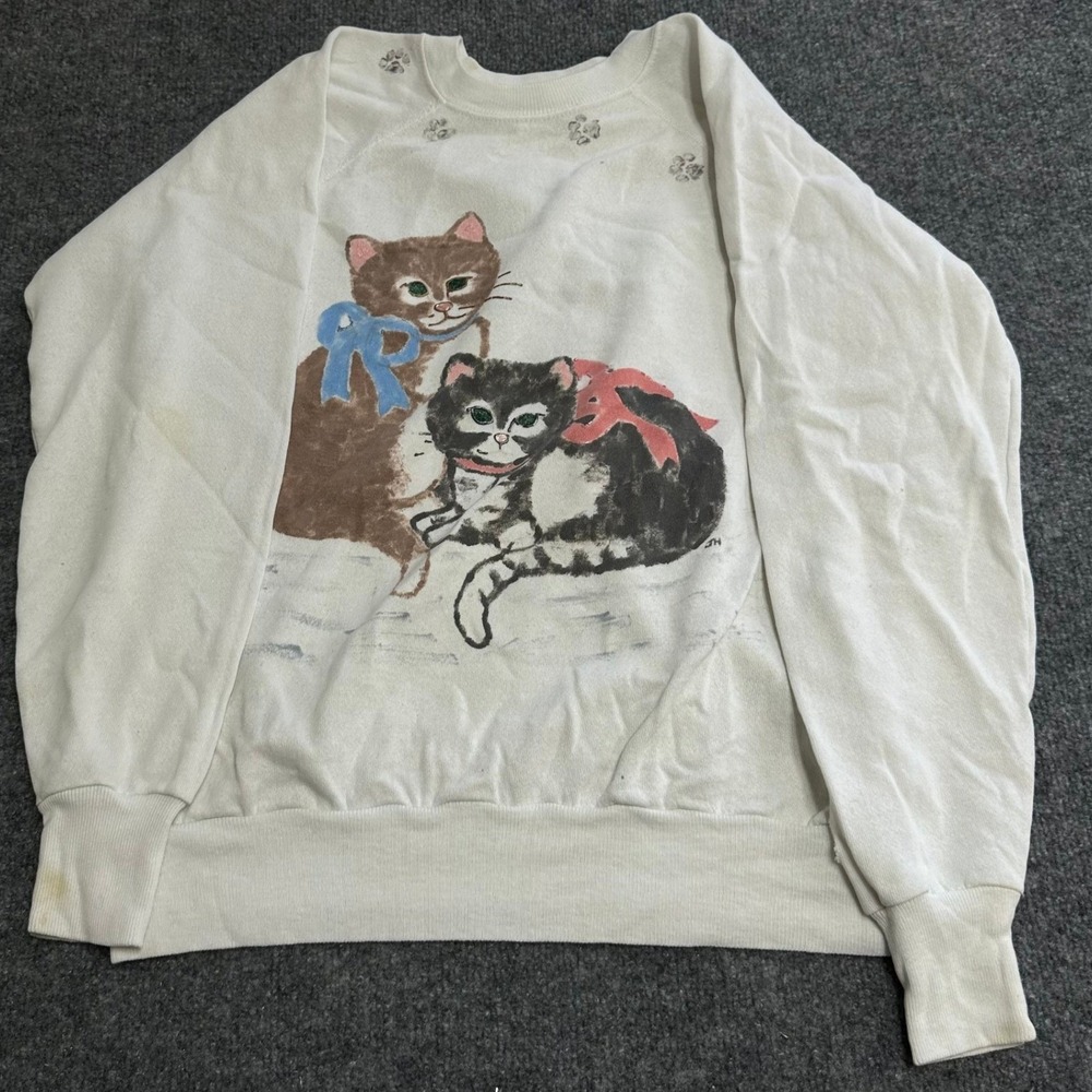 Pannill Sweatshirt Womens Size Large White Vintage Cat Graphic USA Made Pullover